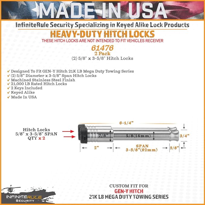 61476 | 2 Pack, Keyed Alike, Hitch Locks for Gen-Y Hitch 21K LB Mega Duty Series - Fits Adjustable Ball Mount Only - Does NOT FIT Vehicle Receiver