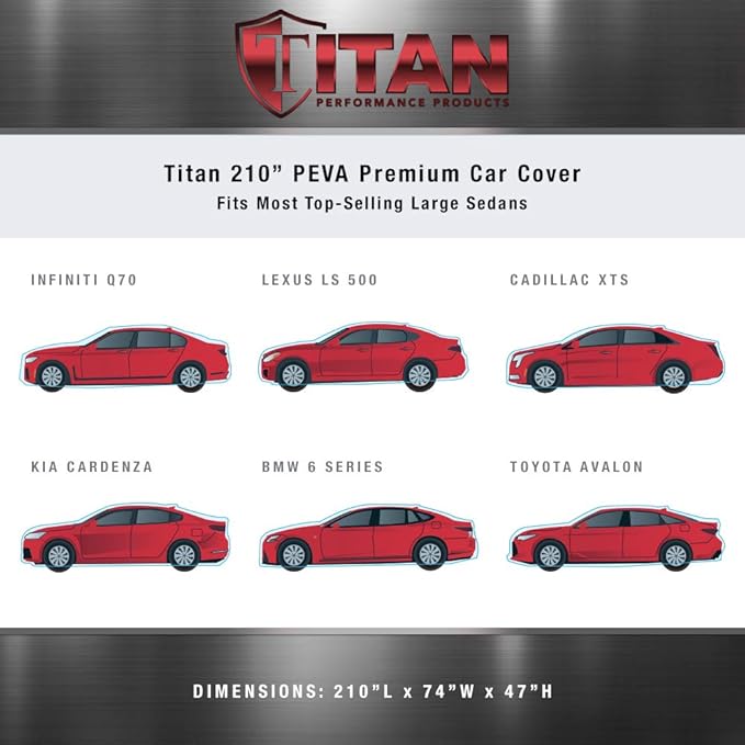 Titan Premium Multi-Layer PEVA Car Cover for Large Sedans 203-212". Waterproof, UV Protection, Anti-Scratch Protective Lining, Driver-Side Zippered Opening. Fits Avalon, XTS, 6-8 and More.