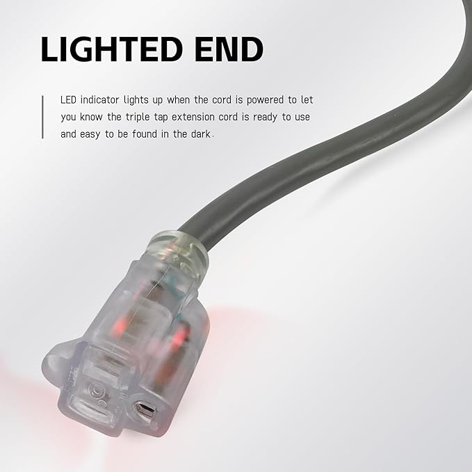 EP 10 Ft Lighted Outdoor Extension Cord - 12/3 SJTW Heavy Duty Grey Extension Cable with 3 Prong Grounded Plug - Power Cord for Lawn, Garden, Appliances