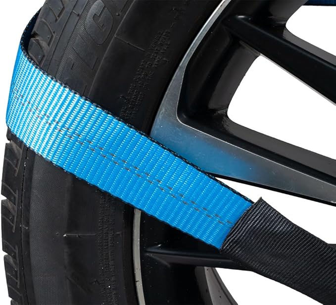 Mytee Products 4 Pack 2" x 120" Car Tie Down Straps for Trailer with Flat Hook - 3333 LB WLL Blue Lasso Style Tire Strap for Car Trailer with Ratchets - Vehicle Tie Down Wheel Straps for Hauling Cars