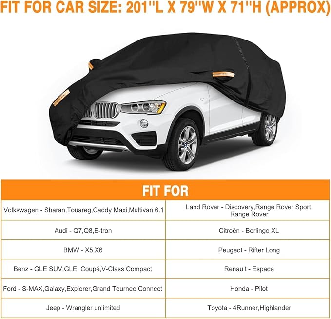 SUV Car Cover All Weather Waterproof Fit for Acura MDX, Ford Explorer, Subaru Ascent, Kia Telluride, Hyundai Palisade, Porsche Cayenne, Audi Q7/Q8 for Automobiles Universal Fit SUV Up to 190"