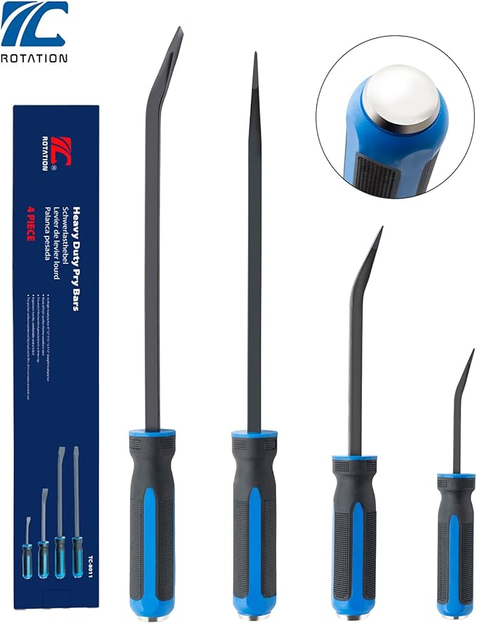 ROTATION 4-Piece Heavy Duty Pry Bar Set with Thicker Hammer Strike Cap and Angled Tip – Ideal for Automotive Repair, Demolition, Nail Pulling