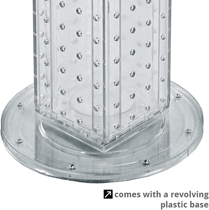 Azar Displays 700220-CLR-2C16 Four-Sided 4”W x 12” Revolving Pegboard Tower Kit Counter Display with 16-Pack of 2 inch Locking Hooks, Clear