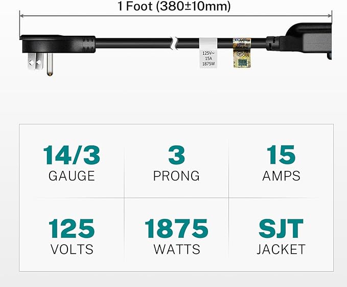 FIRMERST 1875W Flat Plug Extension Cord 1 Foot, 15A 14 AWG Black
