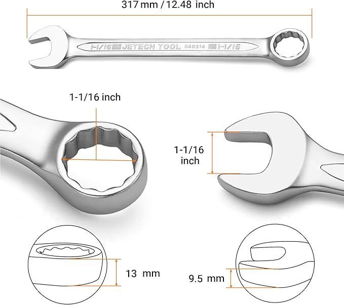 Jetech 1-1/16 Inch Combination Wrench - Industrial Grade Spanner with 12-Point Design, 15-Degree Offset, Made with Durable Chrome Vanadium Steel in Sand Blasted Finish, Forged, Heat-Treated, SAE