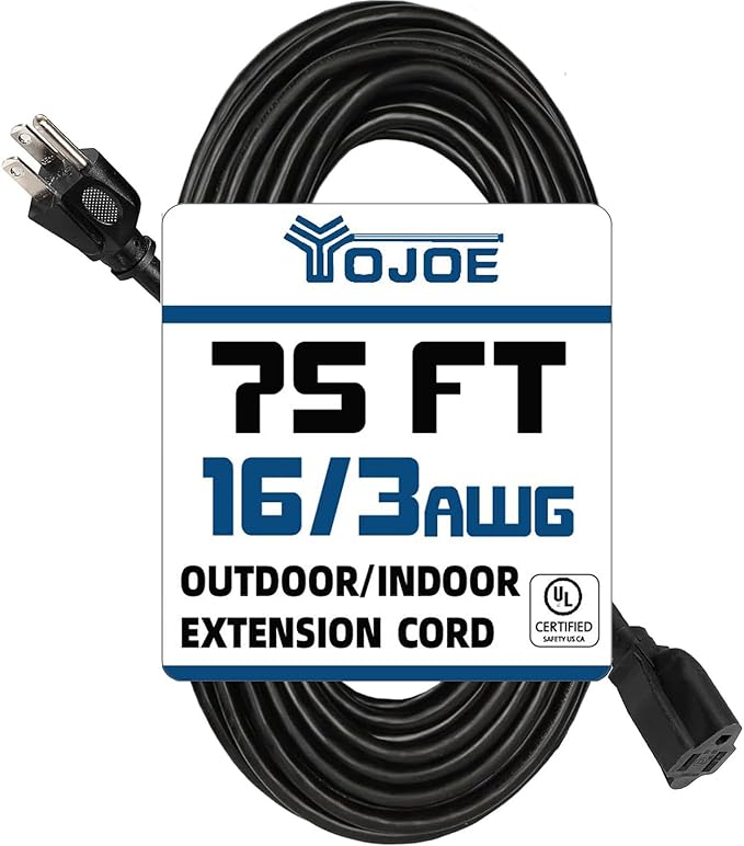 YOJOE Indoor Outdoor Extension Cord, 3 Prong 10A Weatherproof Power Cord, 16 Gauge Heavy Duty 75 ft Black Extension Cord for Garage, Garden and Home, 16/3 SJTW UL Listed