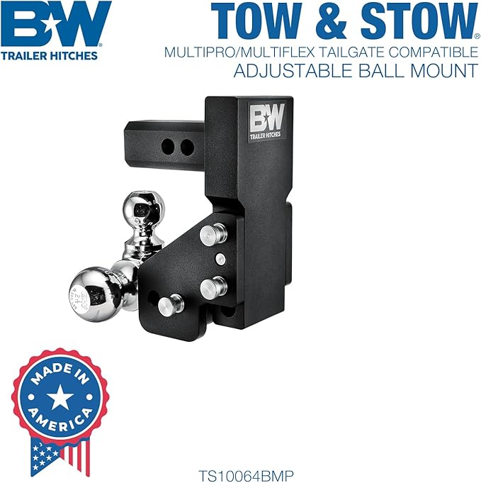 B&W Trailer Hitches MultiPro Tow & Stow Adjustable Trailer Hitch Ball Mount Compatible with MultiPro Tailgate - Fits 2" Receiver, Tri-Ball (1-7/8" x 2" x 2-5/16"), 4.5" Drop, 10,000 GTW - TS10066BMP