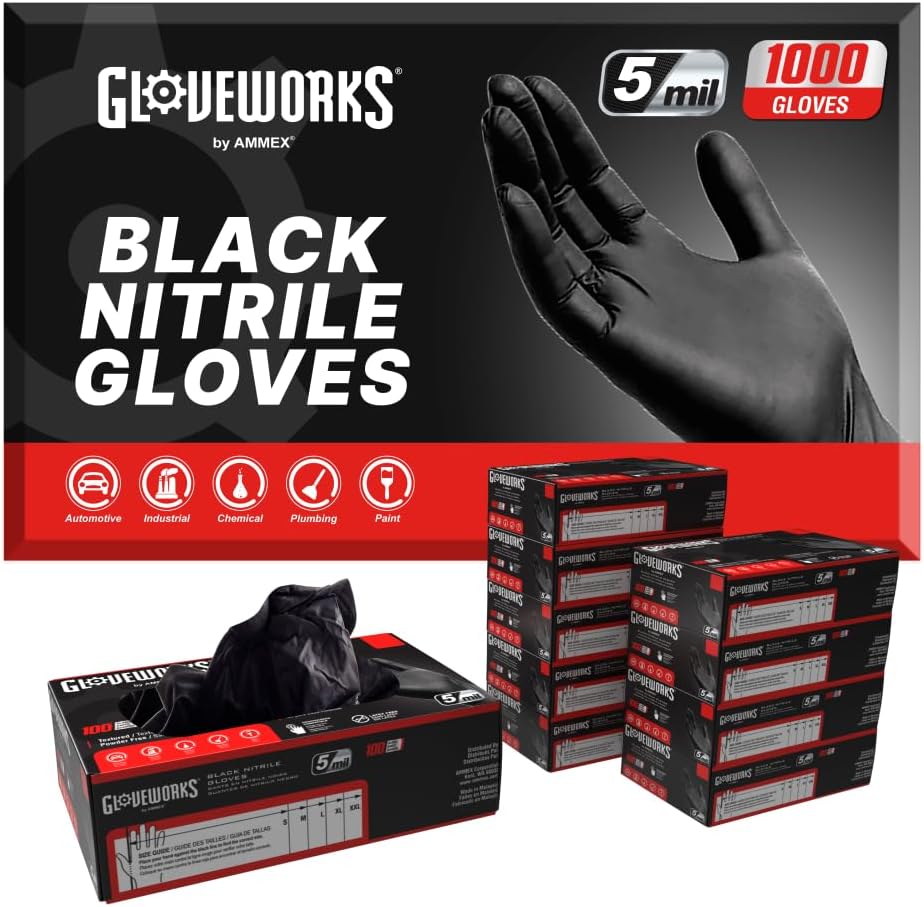 GLOVEWORKS Nitrile Gloves Disposable 5 mil Black Size Small Case of 1000