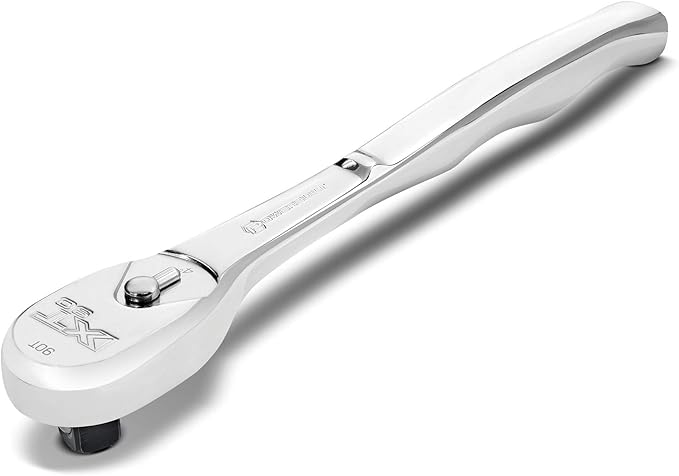 Powerbuilt 1/4" Drive XT90 90 Tooth Professional Ratchet, Seal-Head Ratchet, Full-Polish, Long Handle - 649937