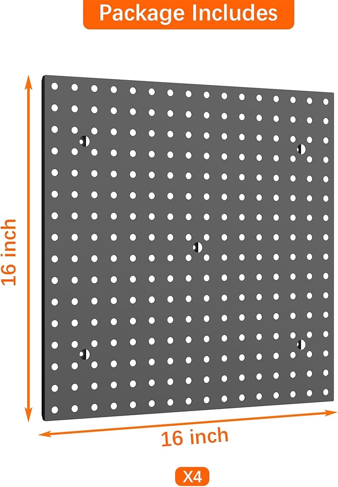 WALMANN 4 PCS 16" x 16" Metal Pegboard Panels for Wall Garage Tools Pegboard for Garage, Workbench, Peg Board Tool Organizer Board(Pack of 4, Black)