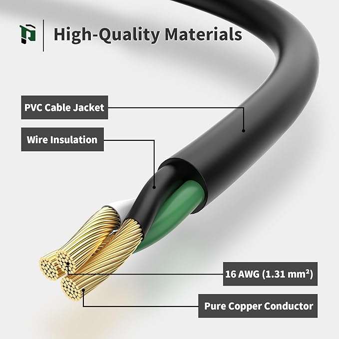PLUGTUL 8 FT Extension Cord Waterproof, 16/3 Black Heavy Duty 3 Prong Extension Cord, 13A 1625W SJTW, ETL Listed, Great for Garden and Home