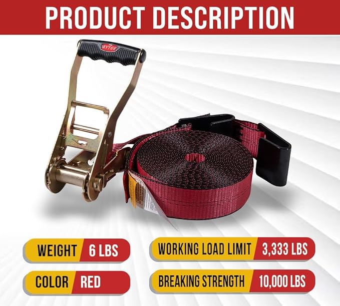 Mytee Products Ratchet Tie-Down Straps with Flat Hooks, 2" x 30' Ratchet Straps Red | 10,000 Lbs Breaking Strength | TieDown Ratchet Straps for Flatbed, Truck, Trailers Pickup - 10 Pack