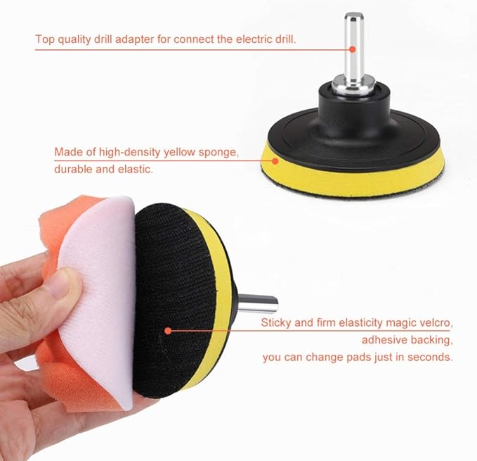 11Pcs 3 Inch Car Foam Drill Polishing Pad Kit Buffing Sponge Pads Kits by Yesallwas,for Car Sanding, Polishing, Waxing (8 Polishing Pads,1 Woolen Buffer, 1 Thread Drill Adapter with Shank)