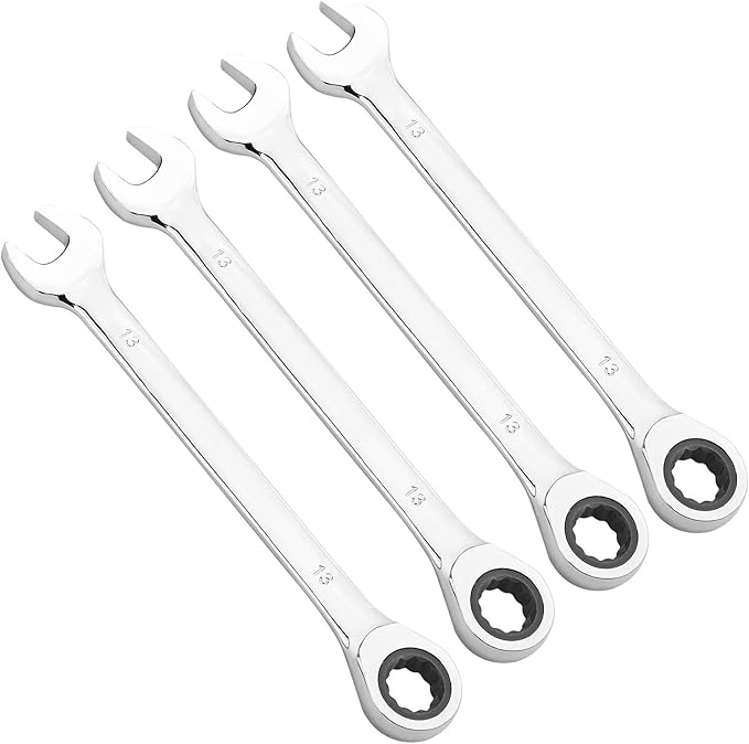 KINJOEK 4 PCS 13mm 12PT Ratchet Wrench, Metric Ratcheting Wrench Set with 5° Movement and 72 Teeth for Projects with Tight Space