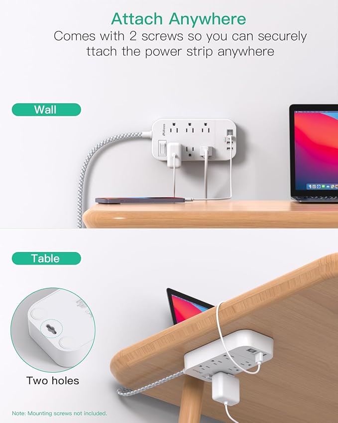 Power Strip - 10 FT Long Flat Plug Extension Cord, 6 Outlets 2 USB A 2 USB C Ports Outlet Extender with Overload Protection, Wall Mount, Desktop Charging Station for Home, Office and Dorm Essential