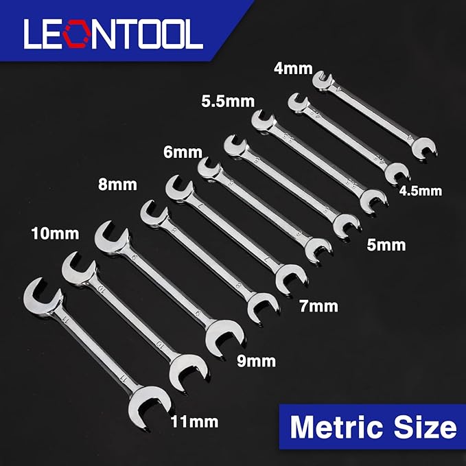 Mini Double Open End Wrench Set Metric 10 Pcs 4mm to 11mm with Portable Storage Pouches Mirror Chrome Finish Super Thin Open Ended Spanner Double Angle Head for Small Fasteners