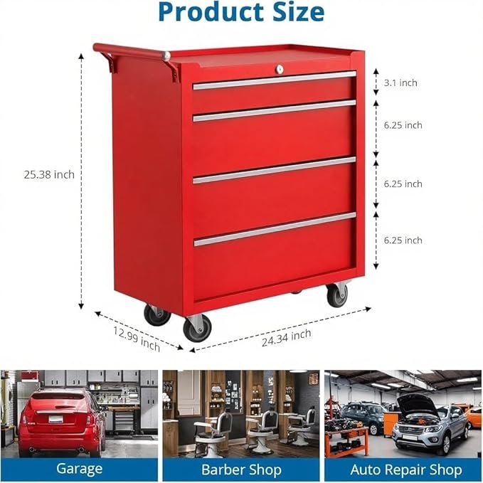 Professional Workstation Version 24" 4-Drawer Rolling Tool Chest - Lockable Storage Cabinet with Wheels for Workshop & Garage Organization