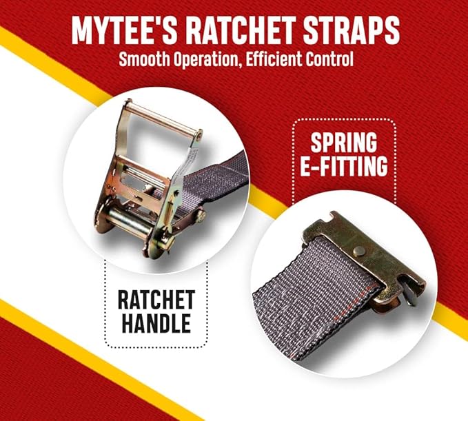 Mytee Products 2'' x 16' E Track Straps w/Spring E-Fittings - Grey Ratchet Etrack Straps w/Heavy Duty 4000 lbs Breaking Strength for Enclosed Trailers, Trucks & Vans