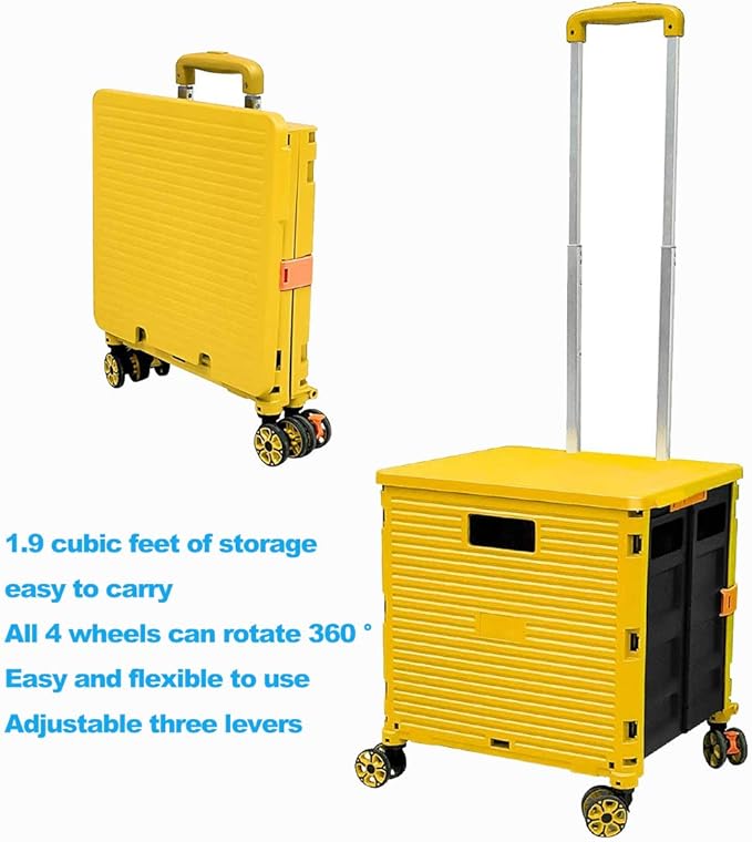 Foldable Utility Cart Folding Portable Rolling Crate Handcart Shopping Trolley Wheel Box with Lid Wear-Resistant Noiseless 360°Rotate Wheel for Travel Shopping Moving Storage Office Use (Yellow)