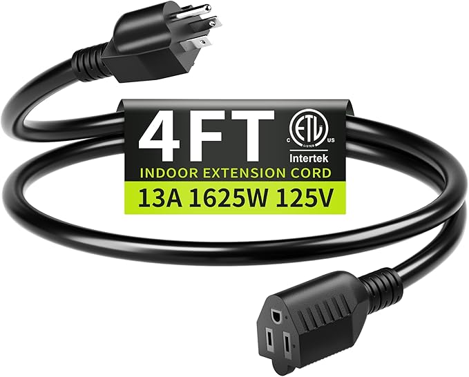 16/3 Black Extension Cord 4 FT, Indoor Extension Cord for Laptops, Coffee Makers, Office Home Appliances, 3 Prong Resistant Cable Flexible, 13A 125V 1625W ETL Listed