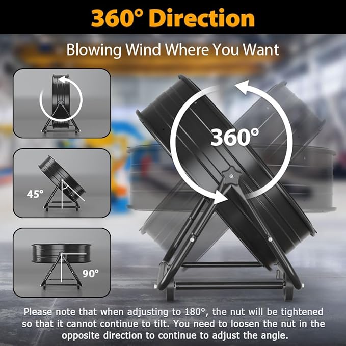 LifePlus 30" Industrial Drum Fan, 14000 CFM 550W High Velocity 3-Speed Heavy Duty Metal Air Circulator with 360° Tilt, Casters Handle for Warehouse Factory workshops Patios Garage