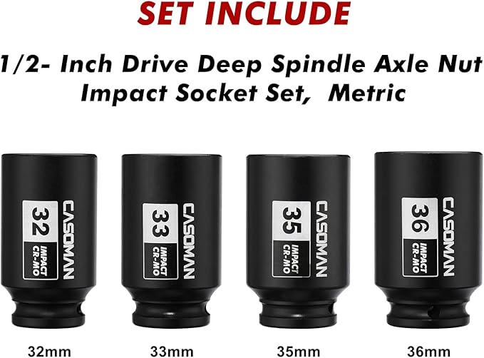 CASOMAN 1/2'' Drive Deep Spindle Axle Nut Impact Socket Set, 6 Point, CR-MO,32,33,35,36mm, 4PC 1/2-Inch Impact Socket Set, Heavy Duty Use In Removing And Installing Axle Nuts