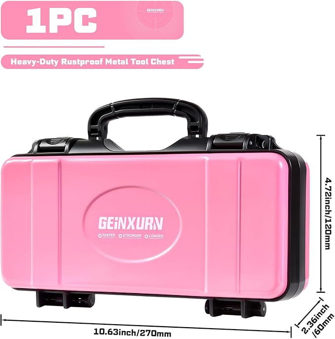 Geinxurn 11”Pink Tools Box, Portable Steel Heavy-duty Tool Case with Safety Latch and Handle for Tools Storage and Organizers, Home DIY