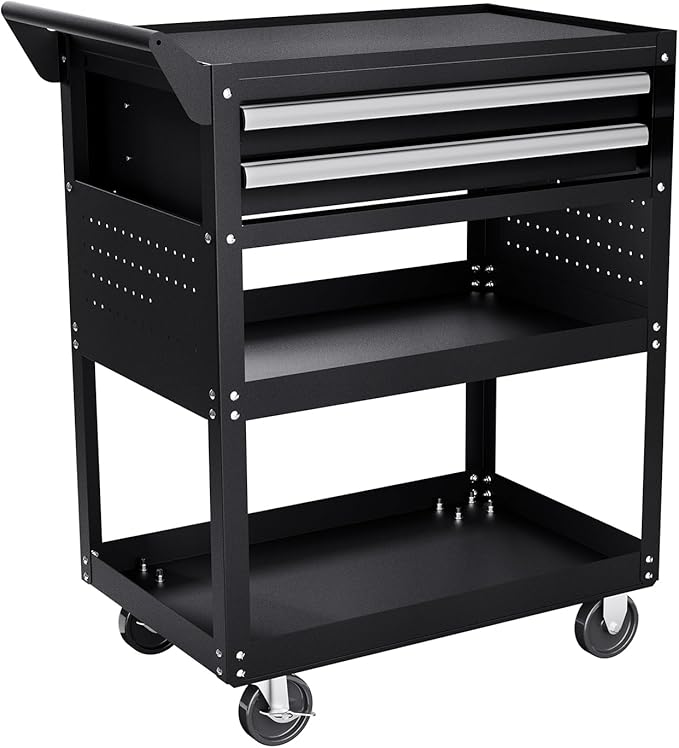 VEVOR 5-Tier Tool Cart with Wheels, 400 lbs Load Capacity, Rolling Work Cart with 2 Drawers & Pegboard, Mechanic Tool Storage Organizer with Locking System for Garage, Warehouse and Repair Shop, Black