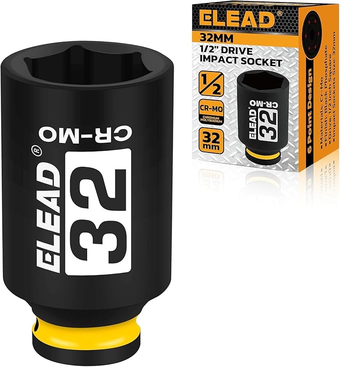 ELEAD 32 mm Socket 1/2" Drive Deep Impact Socket, Metric 6 Point 1/2-inch Drive Impact Axle Nut Sockets, CR-MO Nut Socket Set, Tools for Easy Removal of Axle Shaft Nuts