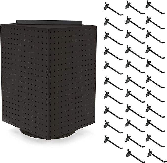 Azar Displays 701414-BLK-4B32 Rotating Countertop Display Kit with Peg Hooks Included, Pegboard Spinner Organizer, Jewelry Organizer Retail Display Necklace Holder Craft Storage,Black 14"x14"x20"