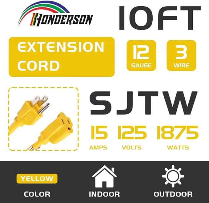 Indoor Outdoor Extension Cord Weatherproof, UL Certified, 12 Gauge 10FT Yellow 3 Prong Heavy Duty, 12/3 SJTW 15A Power Cord for Outdoor Lights, Appliances, Lawn