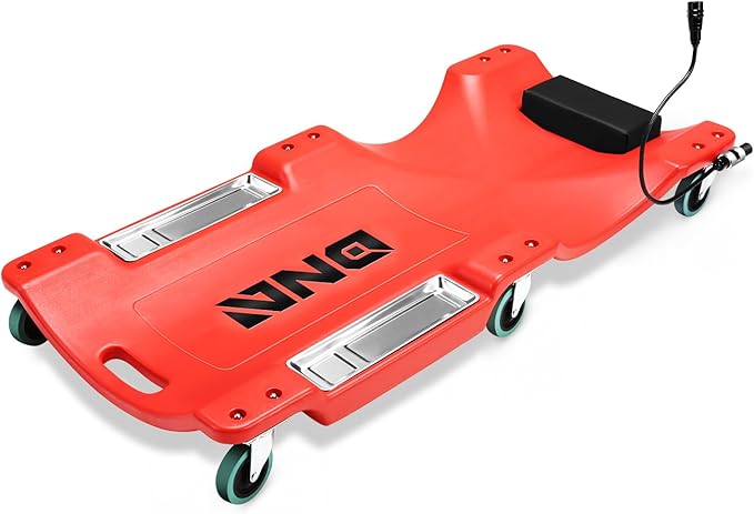 DNA Motoring 40 Inch Low Profile Plastic Rolling Garage Shop Floor Creeper with LED Light, Padded Headrest, Dual Tool Trays, Casters, Red, TOOLS-00389