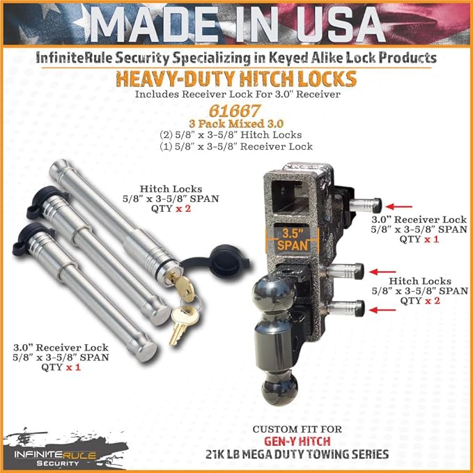 61667 | 3 Pack Mixed 3.0, Keyed Alike, Hitch Locks for Gen-Y Hitch Mega Duty 21K LB Series - Includes Lock for 3.0" Receiver