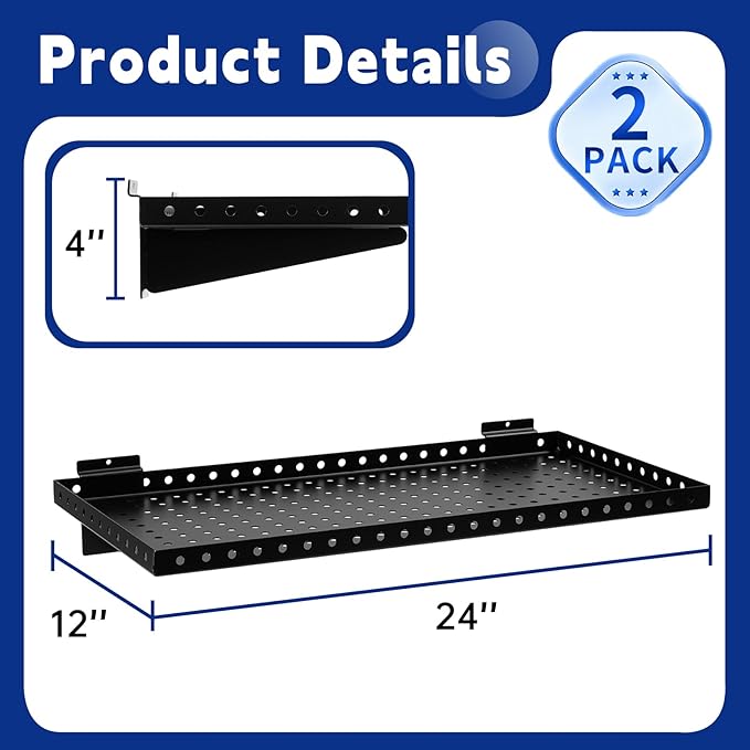 Heavy Duty Slatwall Shelf 24x12Inch, Steel Slatwall Accessories Storage Rack for Garage, Retail, Workshop (2, 24x12Inch)