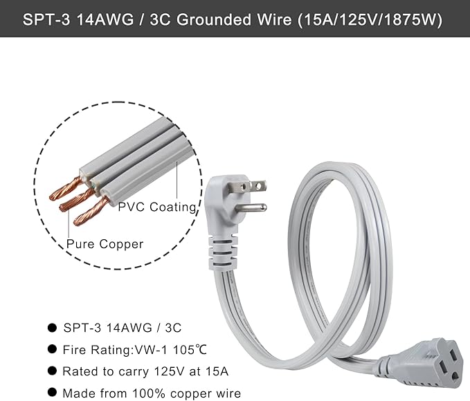 KUNCAN Appliance Power Extension Cord - 3 Prong Flat Wire SPT-3 14 AWG Heavy Duty Male to Female Extender Low Profile Grounded Cable for Major AC Unit, Air Conditioner, Refrigerator (3 Feet)