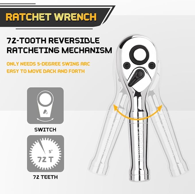 Stubby Ratchet Set- 3/8" Drive Ratchet Handle with a Extension Bars, Gift for Men 72-T Reversible Quick Release Head Premium Mini Ratchet Wrench for Narrow Spaces