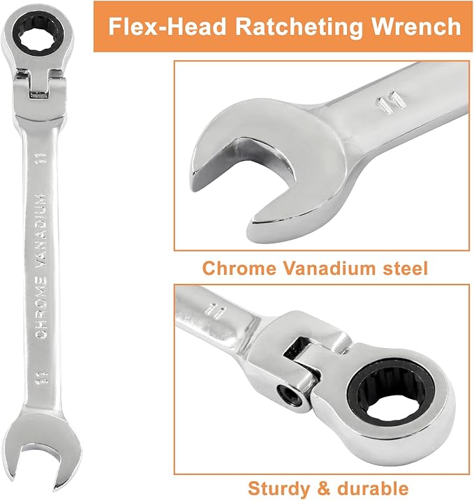 Piutouyar 11mm Flex-Head Ratcheting Wrench, Professional Metric Ratchet Wrench Combination Wrench Box Ended Spanner Tool for Projects Repair(5° Movement and 72 Teeth 12 Point, CR-V)