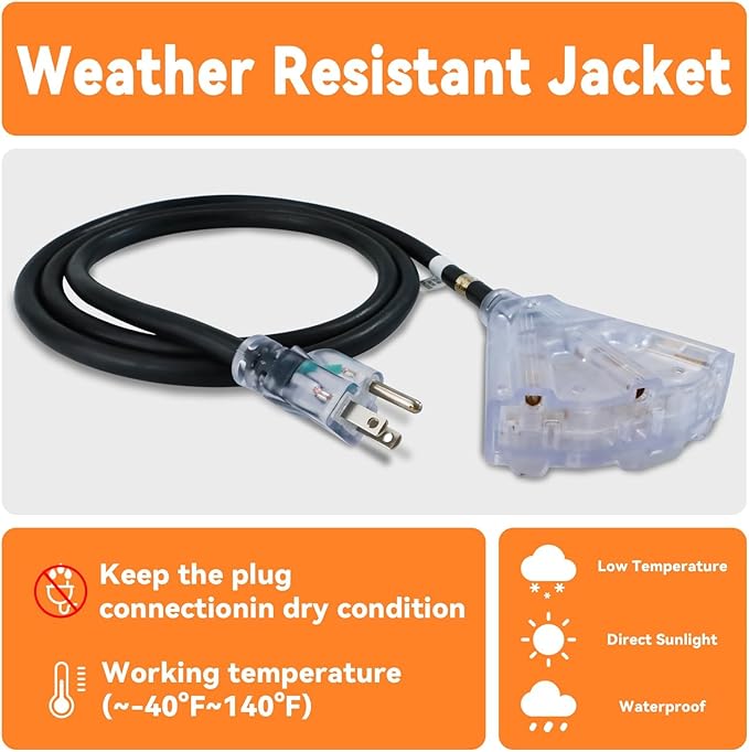 EP 12 Ft 12 Gauge Heavy Duty Extension Cord, 15A 125V 1875W, 3 Outlet Indoor/Outdoor Power Cord with Lighted End, 12/3 SJTW Weatherproof Black