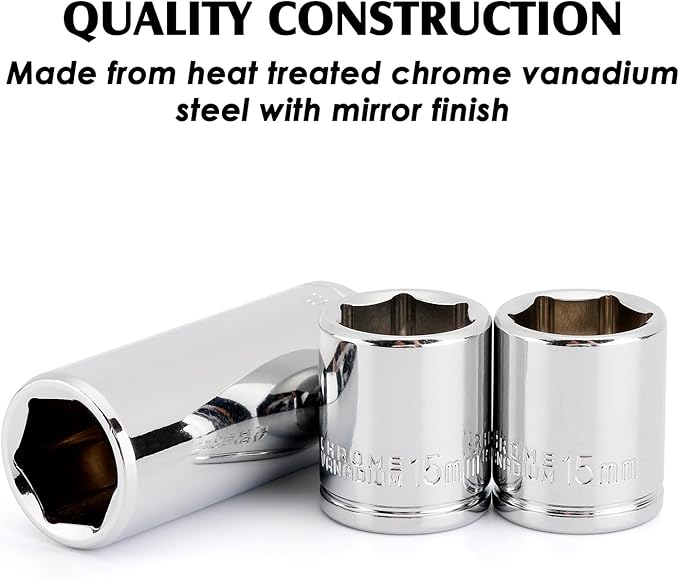 MIXPOWER 4PCS 1/4"Drive 15mm Deep&Shallow Socket, 6 Point, Cr-V Steel, 15mm