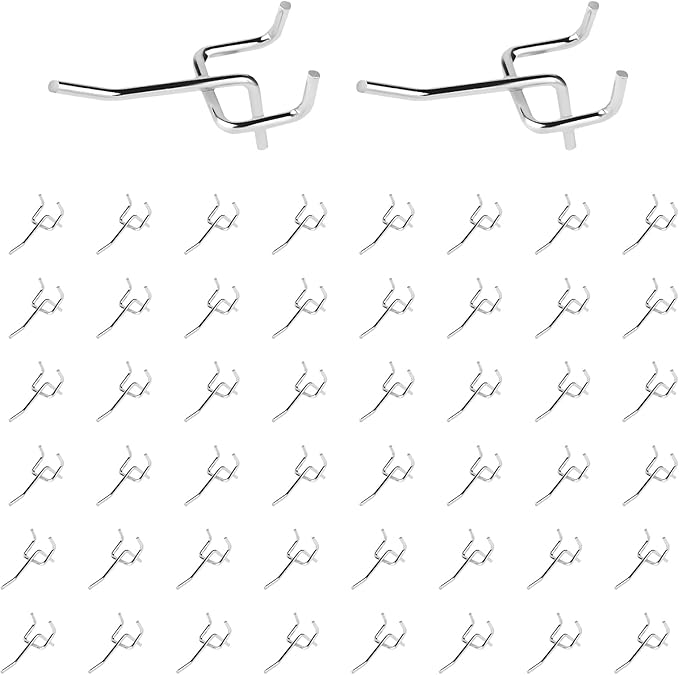 50Pcs 2"/5CM Pegboard Hooks Assortment Set, Metal Peg Board Hooks with 2.5mm Hole Pitch 4mm Wire Diameter Slatwall Hanging Hook for Garage Organization Wall Hanging (Silver)
