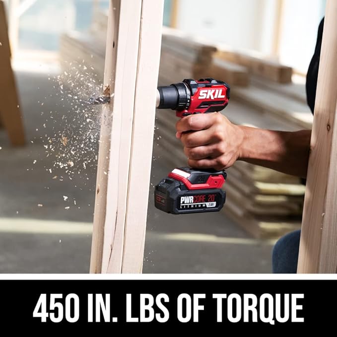 SKIL PWR CORE 20 Brushless 20V Compact Variable-Speed Drill Driver Kit with 1/2-Inch Single-Sleeve, Keyless Ratcheting Chuck & LED Worklight, Includes 2.0Ah Battery and PWR Jump Charger - DL6293B-10