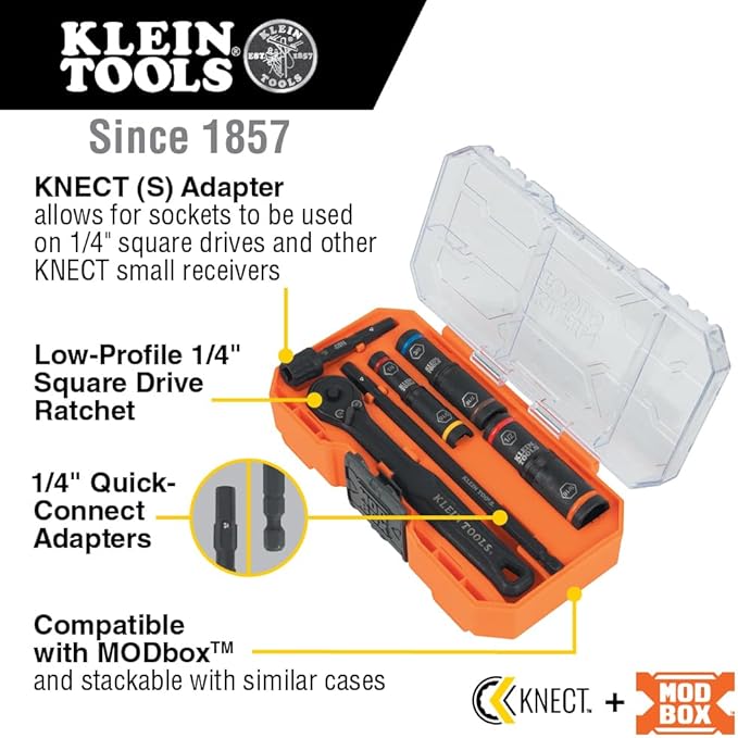 Klein Tools 65238 KNECT Impact Socket Set, Deep Depth with Wrench, 3 Heavy-Duty Color Coded Flip Sockets, 6 SAE Sizes, Ratchet, Adapter and MODbox Case
