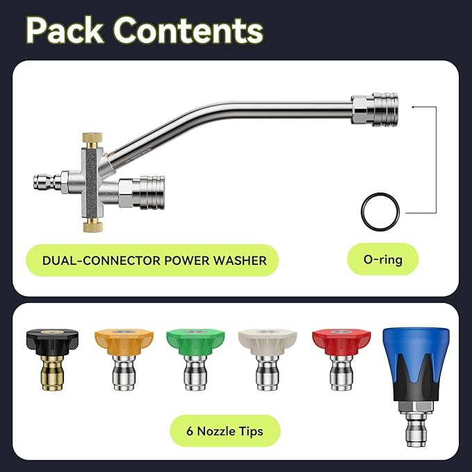 Foam Cannon Dual Connector Accessory, Pressure Washer Double Tip Attachment for Car Wash, 6 Pressure Washer Nozzle Tips, 1/4" Quick Connect, 5000PSI