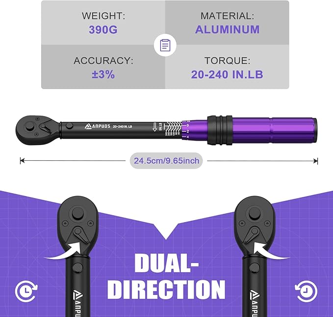 1/4 Inch Drive Click Torque Wrench, 20-240 in.lb/2.3-27.1 Nm, Aluminum Adjustable Inch Pound Tool with 72 Tooth, Dual Range Scales, Small Bike Torque Wrench for Bicycle Maintenance