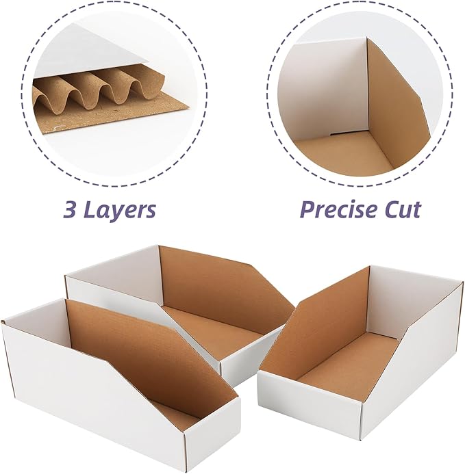 EXYGLO Cardboard Storage Bins Assorted Sizes, 35 Mixed Pack Cardboard Boxes,18 Pack 12x4x4.5, 12 Pack 12x6x4.5, 5 Pack 12x8x4.5 Corrugated Organizer Bins for Pantry, Shelves, Garage, Office, Shop