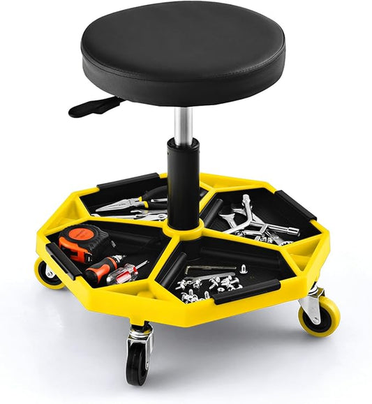IRONMAX Rolling Mechanic Stool, Adjustable Shop Stool Creeper Seat with Removable Tool Tray, Padded Plush Cushion, Universal Wheels, Heavy Duty Metal Frame, 330 LBS Max Load (Yellow)