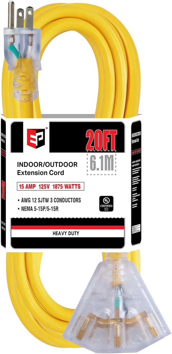 EP 20 Ft 12 Gauge Heavy Duty Extension Cord, 15A 125V 1875W, 3 Outlet Indoor/Outdoor Power Cord with Lighted End, 12/3 SJTW Weatherproof Yellow
