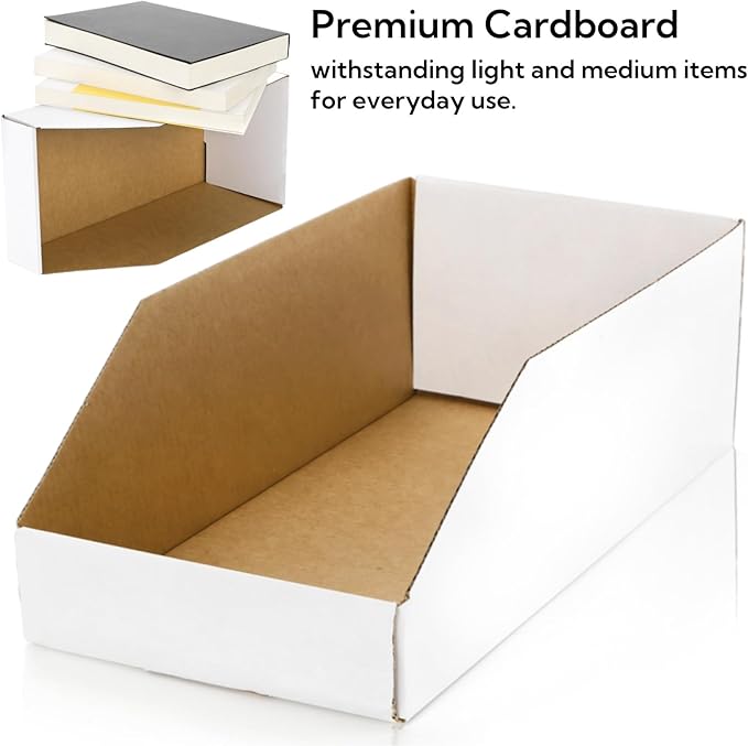 Tlence 35 Pack Cardboard Storage Bins, 12" x 6" x 4.5" Corrugated Open Top Box, White Pantry Shelf Organizer Bins for Parts Snacks, Ideal for Garage Warehouse Home Packing Moving, Easy Assembly