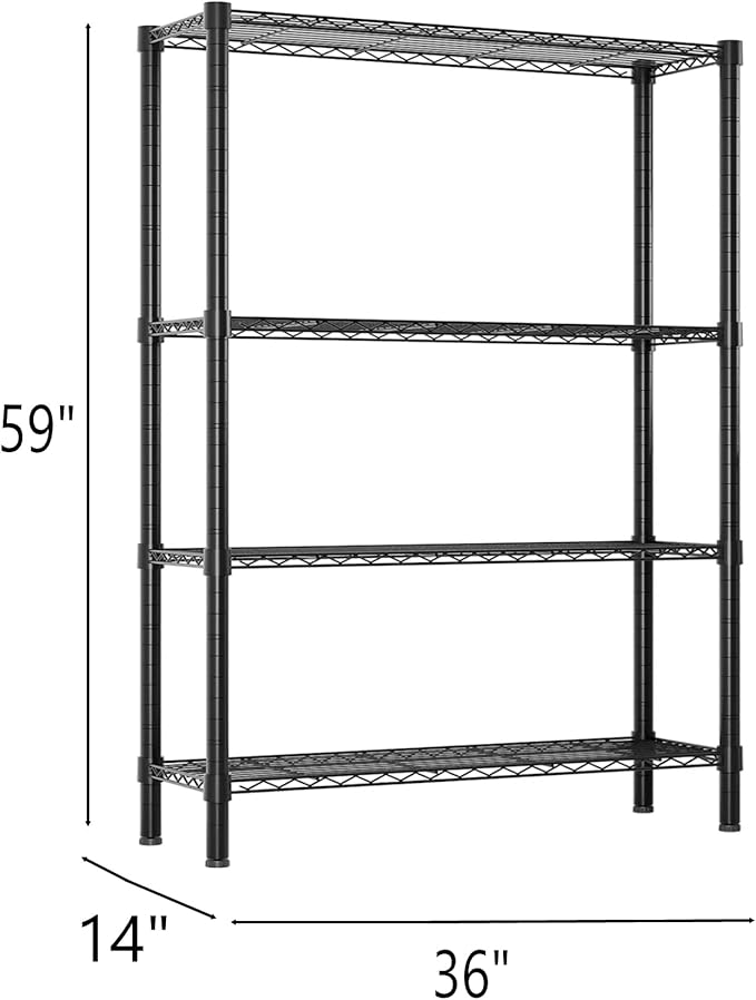 Standing Shelving Units, 36" W x 14" D x 59" H Metal Storage Shelves, Adjustable Carbon Steel Wire Shelving Rack Display Shelf for Garage Bathroom Kitchen Home Office (4-Tiers, Black)
