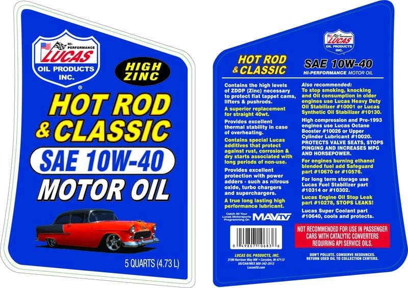 Lucas Oil 10683 Hot Rod & Classic Car SAE 10W-40 Motor Oil - 5 Quart (Pack of 3)